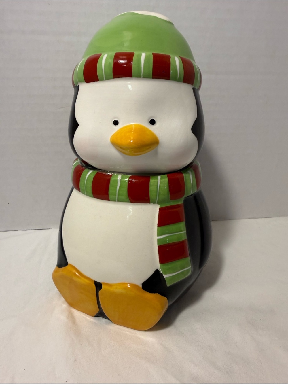 Festive Penguin Cookie Jar - Green Hat & Red-Green Scarf